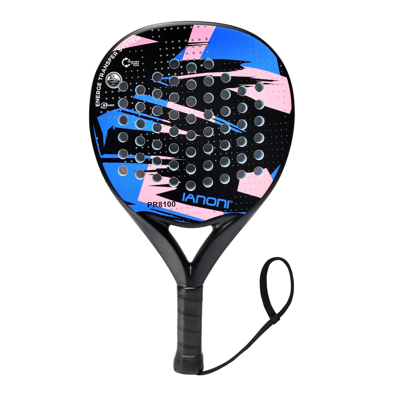 IANONI PR8100 padel tennis racquet in black with blue and pink accents, featuring carbon fiber construction, perforated face, and ergonomic grip